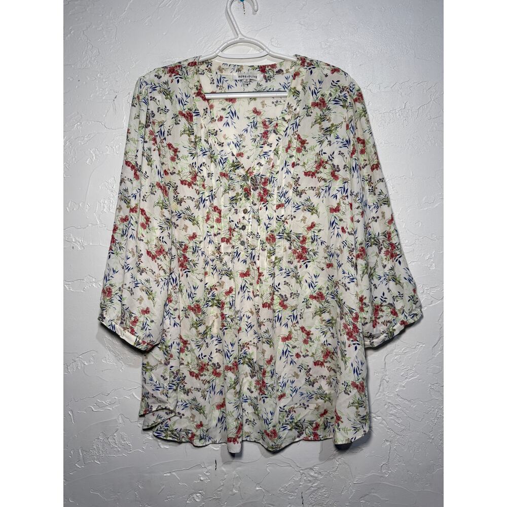 Rose + Olive floral button up flowy blouse womens 1X cottagecore prairie peasant
